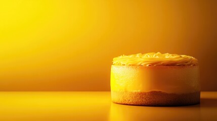 Homemade Yema Cake featuring a fluffy chiffon sponge layered with creamy custard and cheese, elegantly displayed against a bright yellow backdrop.