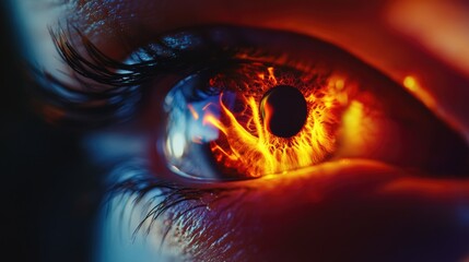 Vivid close-up of a striking eye with fiery reflections in the iris, representing intense emotions of anger and the thirst for vengeance.