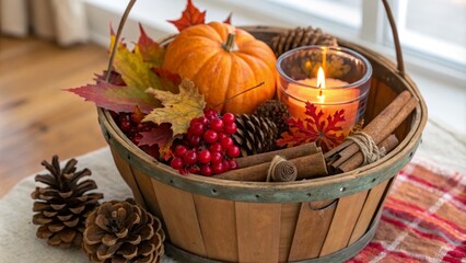 Christmas Still Life with Candle, Pumpkin, and Autumn Decor for Holiday Celebrations