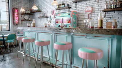 Empty stools and a rusty bar counter in a cyberpunk setting with neon lights pulsing to the beat of a vintage jukebox.