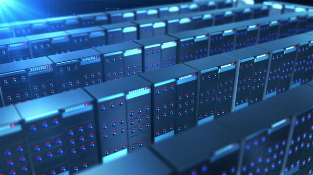 Big data center network server room, racks of computer servers in a network security room or data center.