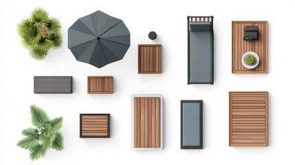 Top view of patio icons with chaise lounges, side tables, and umbrella, set on white background