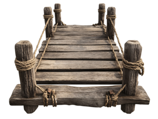 a wooden bridge with ropes