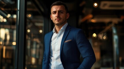 Fototapeta premium Confident entrepreneur in a smart blue suit, standing in a modern workspace with warm lighting, showcasing determination and professionalism.