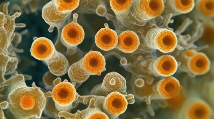 Microscopic view highlighting intricate details of floating influenza virus cells, emphasizing important features for virology and microbiology studies.