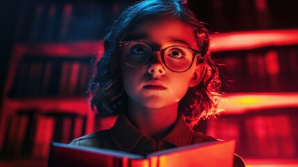 Fototapeta premium Charming teenage girl with glasses intensely reading a book, illuminated by dramatic lighting against a blurred bookshelf backdrop.