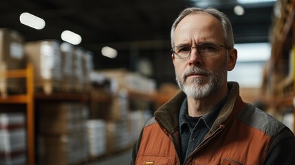 Fototapeta premium Middle-aged warehouse employee standing confidently in a spacious distribution center with organized shelves of products in the background.