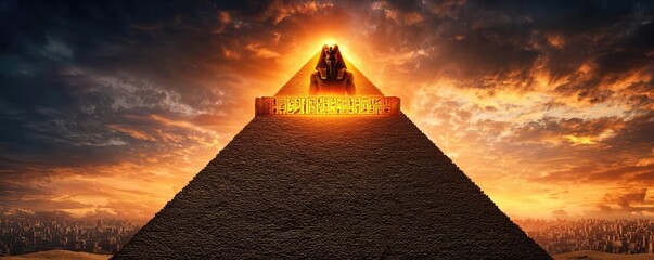 Majestic pyramid with illuminated peak against a dramatic sunset sky.