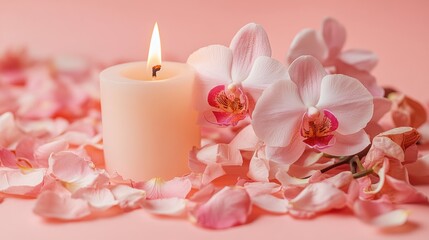 Serene pink backdrop with delicate orchid blooms, a lit candle, and scattered dried petals, perfect for beauty spa or wellness themes with ample space for text.