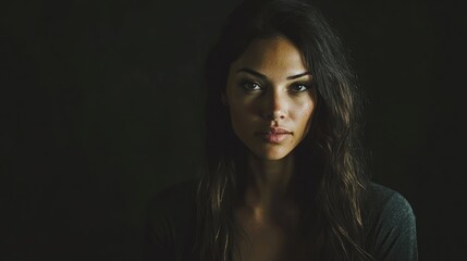 Fototapeta premium Portrait of a captivating woman with long, flowing hair, illuminated by soft light against a dramatic dark background, showcasing her striking features.