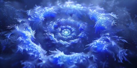 A swirling blue pattern resembling ice crystals in a cosmic spiral design against a dark background