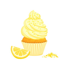 Lemon cupcake with bright yellow whipped cream and lemon zest. Vector cartoon flat illustration. Sweet food icon