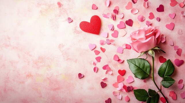 Heart-shaped confetti scattered around a pink rose on a soft pink backdrop, ideal for greeting card templates and customizable text designs.