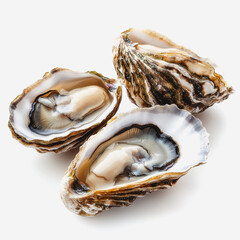 Freshly Shucked Oysters on White Background Showcasing Natural Shell Patterns and Juicy Interior Ideal for Culinary, Seafood, and Marine-Themed Projects