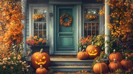 Obraz premium Charming porch decorated with carved pumpkins and vibrant flowers, showcasing the festive spirit of Halloween and autumn's harvest bounty