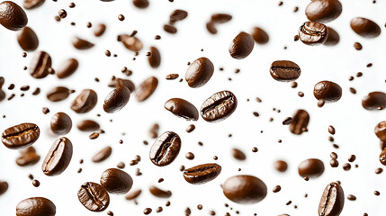 3D Render of Roasted Coffee Beans Falling on White Background