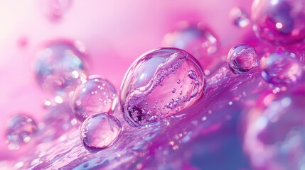 3D rendered bubbles of moisturizing water essence against a soft pink textured background showcasing vibrant colors and fluid dynamics.