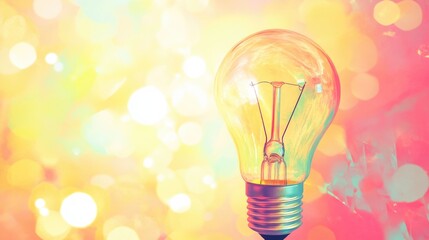 Brightly lit vintage light bulb on a colorful, blurred background representing creativity and inspiration with ample space for adding text