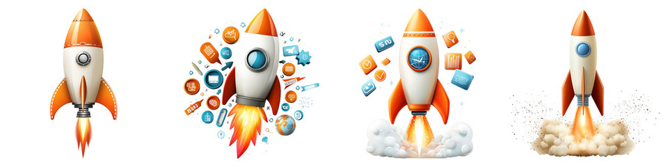 keyword and SEO clipart concept. Four colorful rockets, each depicted with unique effects, showcasing themes of launch and exploration.  white background 