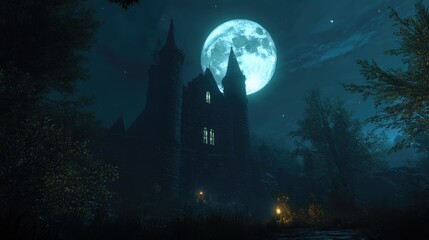 Obraz premium Haunted castle under a full moon casting an eerie glow, surrounded by dark foliage, ideal for a spooky Halloween ambiance.