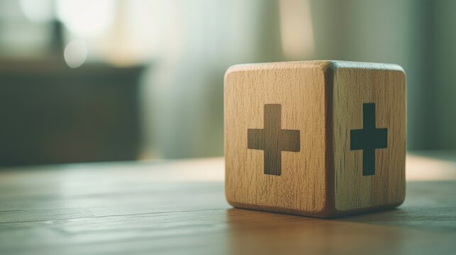 Wellness and Healthcare Concept Featuring a Wooden Cube with Medical Cross Icons Against a Soft Background Highlighting Cost-Effective Treatment Options