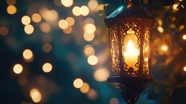 Enchanting vintage lantern glowing softly amidst a dreamy bokeh background, perfect for adding personalized text or captions.