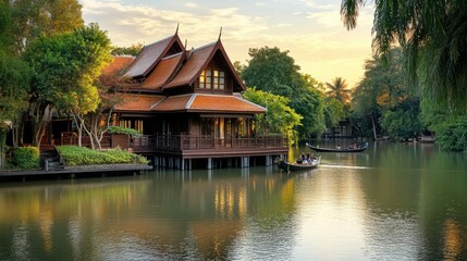Obraz premium Traditional wooden houses along Bangkok canals, offering a glimpse into local life
