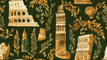 A green and brown patterned background with a variety of buildings