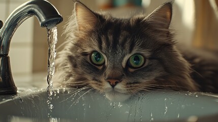Fluffy gray cat with striking green eyes playfully drinking from a bathroom sink tap, capturing a whimsical and adorable moment of thirst quenching.