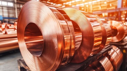 Copper coils stacked neatly in a manufacturing facility, reflecting warm light, showcasing their shiny, metallic surface and industrial setting.