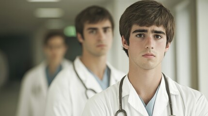 Fototapeta premium Medical professionals in white coats displaying somber expressions in a healthcare environment, showcasing a focused and serious atmosphere.