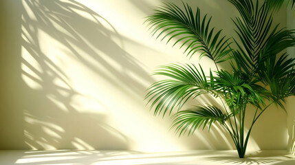 Fototapeta premium 3D Render: Palm Plant Casts Shadows on Pale Yellow Wall
