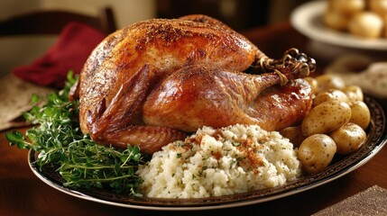 Roasted turkey beautifully garnished and served on a platter with farofa breadcrumbs and boiled potatoes, perfect for festive celebrations.