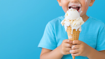 A candid shot of a child holding an ice cream cone with ice cream smeared across their face, shirt, and fingers, enjoying every bit of the messy treat.