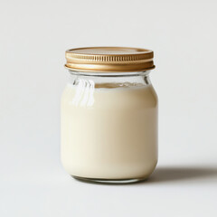 Fresh White Creamy Milk in a Glass Jar with a Golden Lid on a Minimalist Background for Culinary and Dairy Related Concepts