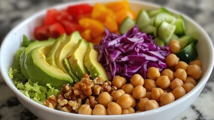Vibrant Vegan Buddha Bowl loaded with avocado, bell peppers, tomatoes, cucumber, red cabbage, chickpeas, fresh lettuce, walnuts, and assorted beans. A nourishing vegetarian feast.