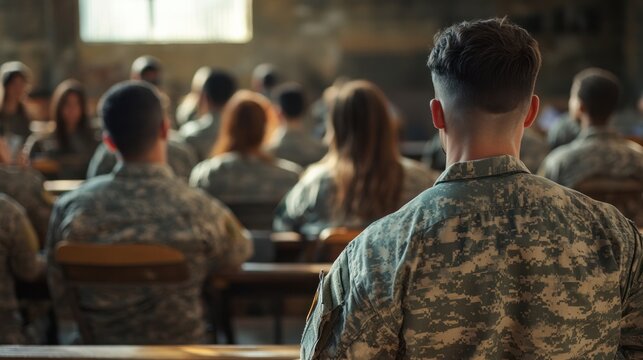 Army veterans attending a workshop on accessing education benefits, with advisors explaining military scholarships and financial aid options