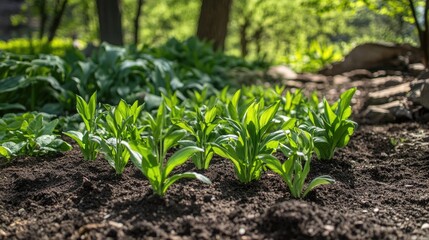 Obraz premium Vibrant green seedlings emerging from rich dark soil surrounded by lush greenery in a sunlit garden setting.