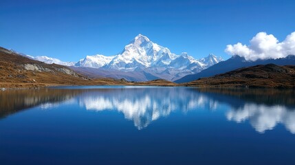 Serene mountain lake reflecting a bright azure sky and snow-capped peaks under clear weather with gentle shorelines around the water.