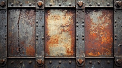 Rusty metal panels with aged grunge textures featuring rivets and color-filtered backgrounds ideal for overlaying images and text.