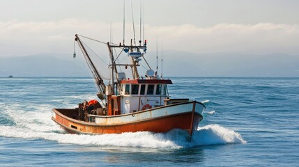 Obraz premium Commercial Fishing Boat Navigating Calm Waters with Ocean Breeze and Soft Blue Horizon Under a Clear Sky