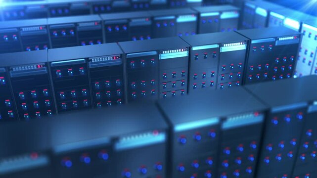 Modern interior server room data center. Cloud computing datacenter server room. Connection and cyber network. Backup, mining, hosting, mainframe, farm, cloud and computer rack.