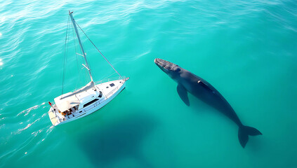 Obraz premium An aerial view of a white sailboat with a beige canopy, floating on calm turquoise waters 