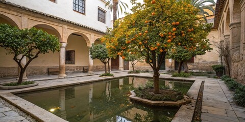 Fototapeta premium A small pond reflects the vibrant colors of an orange tree in a serene courtyard, reflective surfaces, courtyards