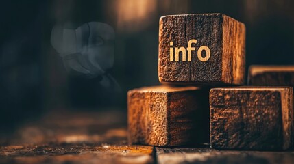 Wooden blocks arranged with the word info etched on a rustic surface, capturing a warm and inviting atmosphere through natural textures.