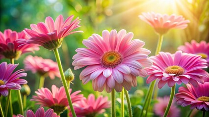 Obraz premium Enchanting Close-Up of Delicate Pink Daisies in a Sunlit Garden, Capturing the Essence of Spring with Soft Pastel Colors and Gentle Petals, Perfect for Floral and Nature Enthusiasts