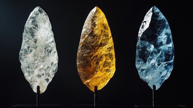 Three distinct microliths showcased with a dark backdrop, highlighting their prehistoric design, diverse colors, and silex craftsmanship from the Paleolithic era.