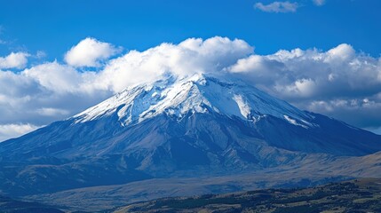 Majestic Snow-Capped Mountain Peak Under a Bright Blue Sky Surrounded by Fluffy White Clouds and Rolling Hills