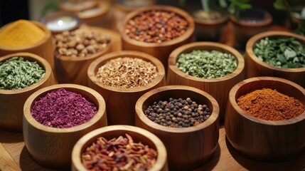 Fototapeta premium Assortment of Colorful Spices in Rustic Wooden Bowls Showcasing Rich Textures and Varieties of Seasonings on a Wooden Surface