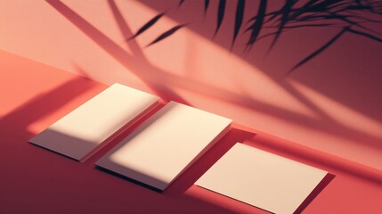 Naklejka premium Stationery set showcasing blank business cards and a brochure elegantly positioned on a vibrant duotone background with soft shadow effects.